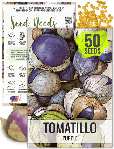 Seed Needs tomatillo seeds packaging front shows open-pollinated, heirloom quality for home gardens.
