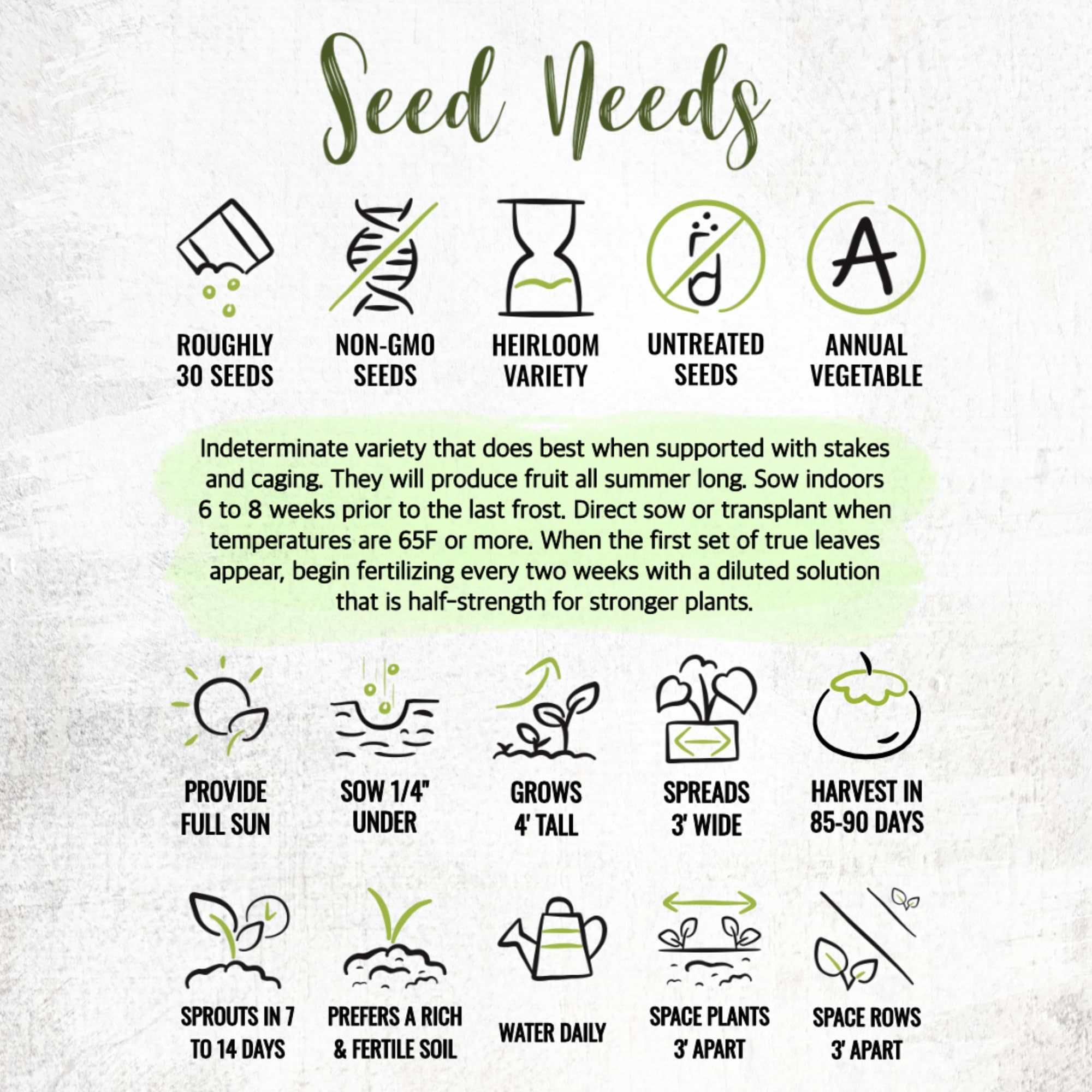 Seed Needs tomato seeds packet artwork, includes sowing guidance for gardeners.