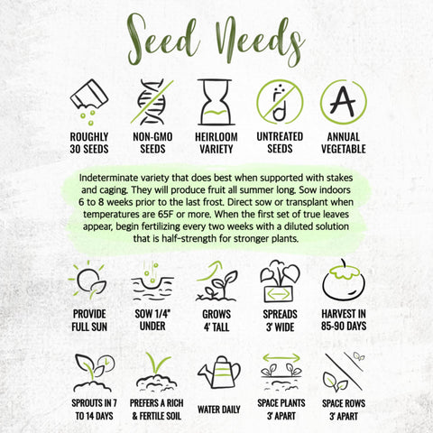 Seed Needs tomato seeds packet artwork, includes sowing guidance for gardeners.