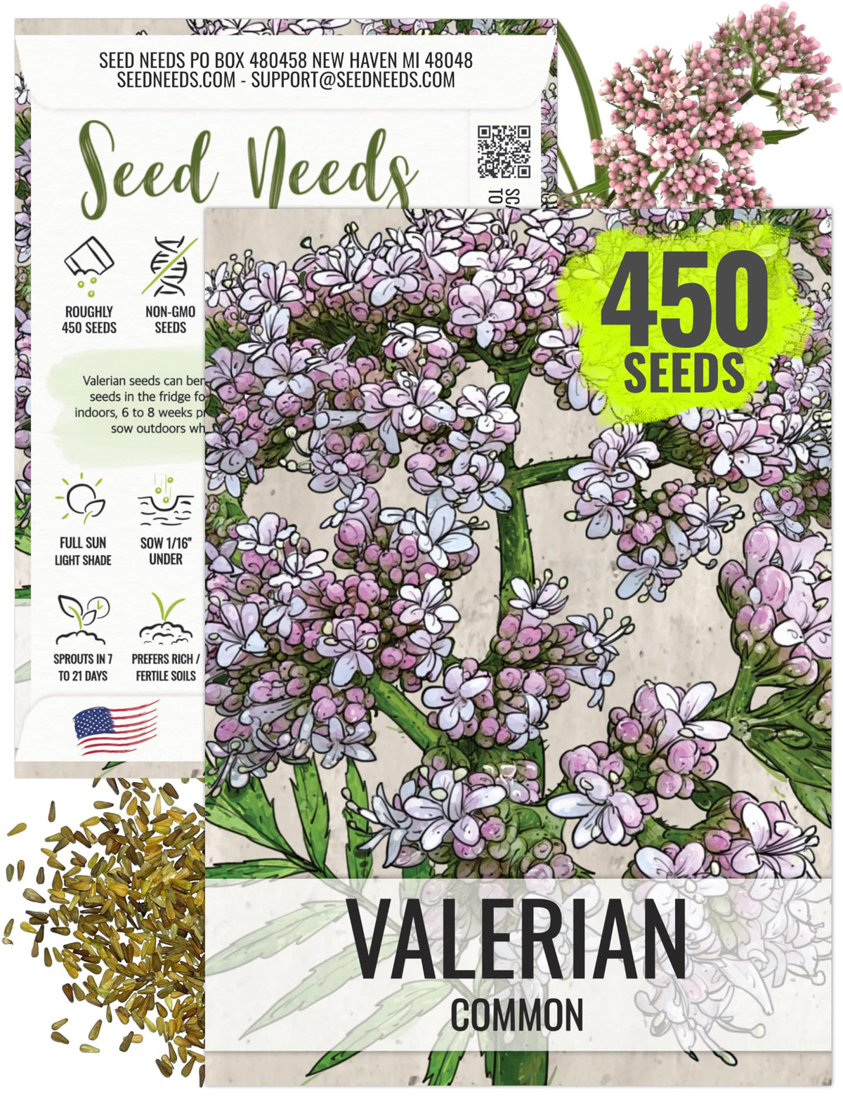 Seed Needs valerian seeds in a packet front for easy planting.