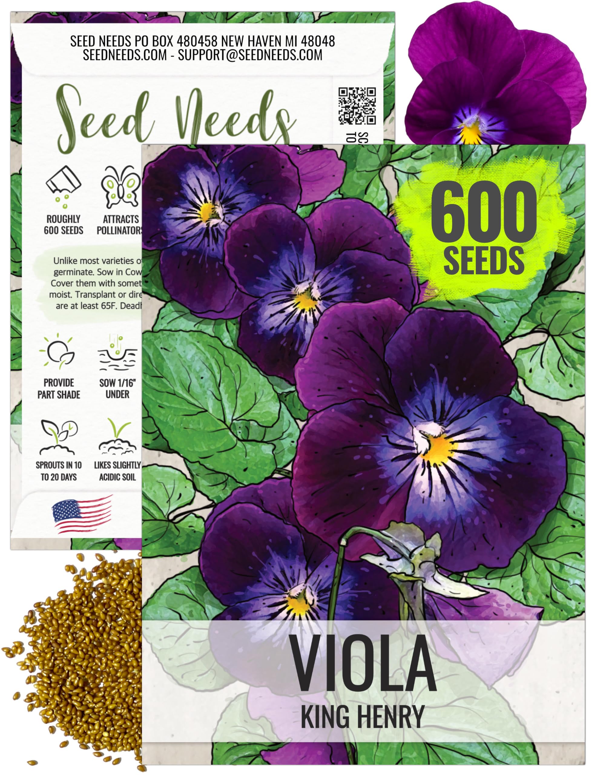 Seed Needs King Henry Violas seeds pack for borders with purple blooms.