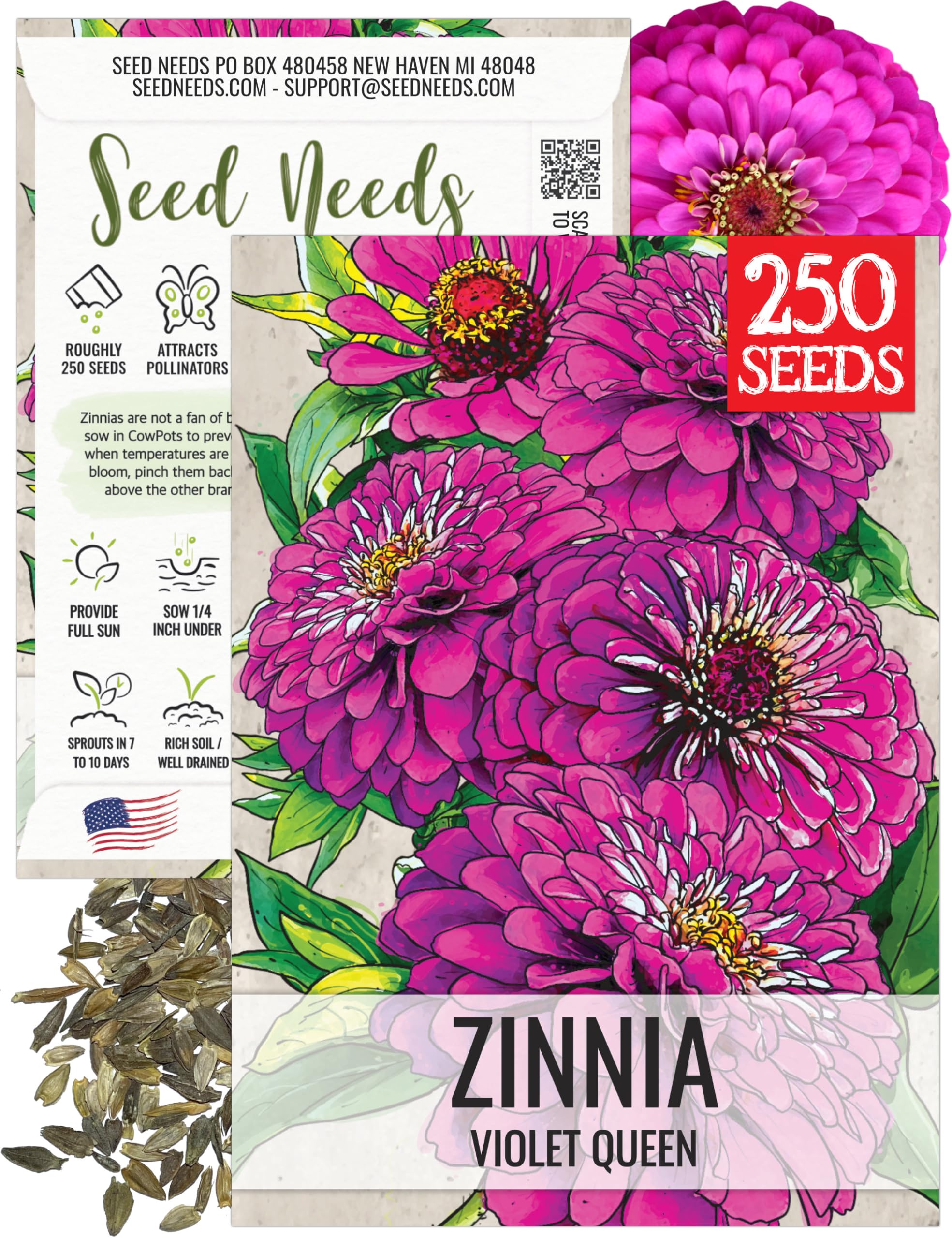 Seed Needs Violet Queen zinnia seed packet with sowing instructions for easy annual color.