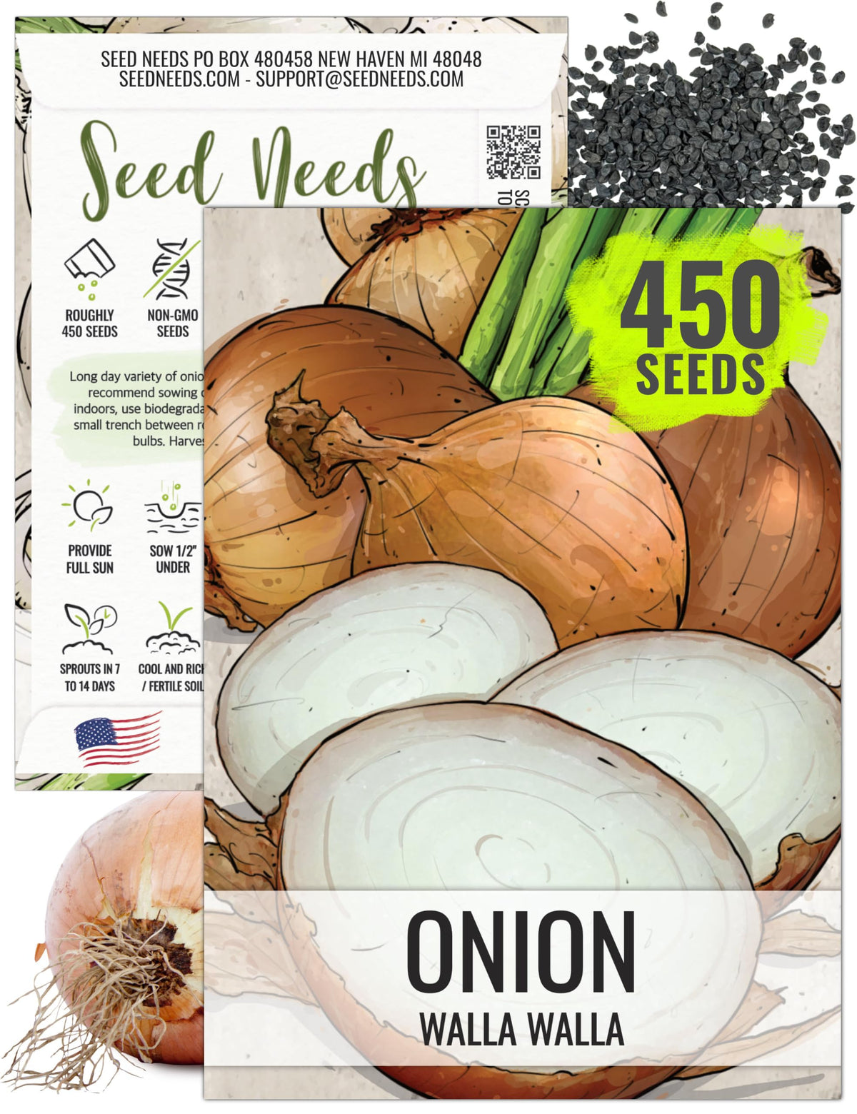 Seed Needs Walla Walla onion seed pack front, open-pollinated heritage seeds for home gardens.