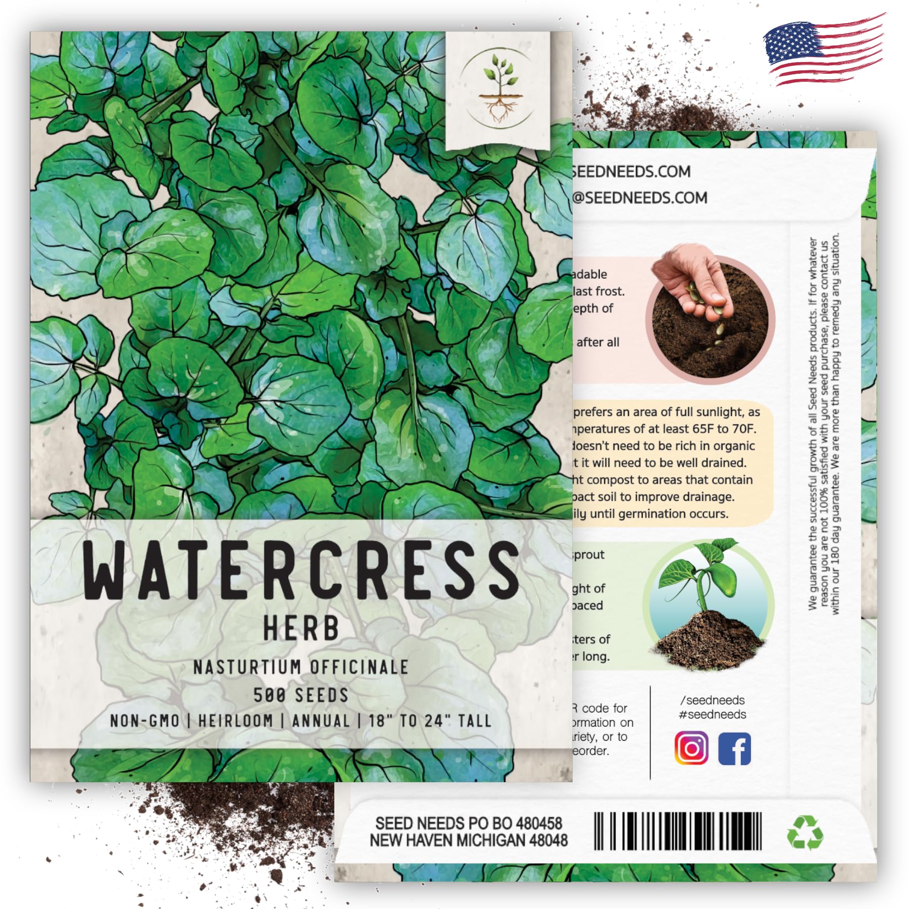 Moisture‑resistant packaging keeps Seed Needs Watercress seeds fresh for planting.