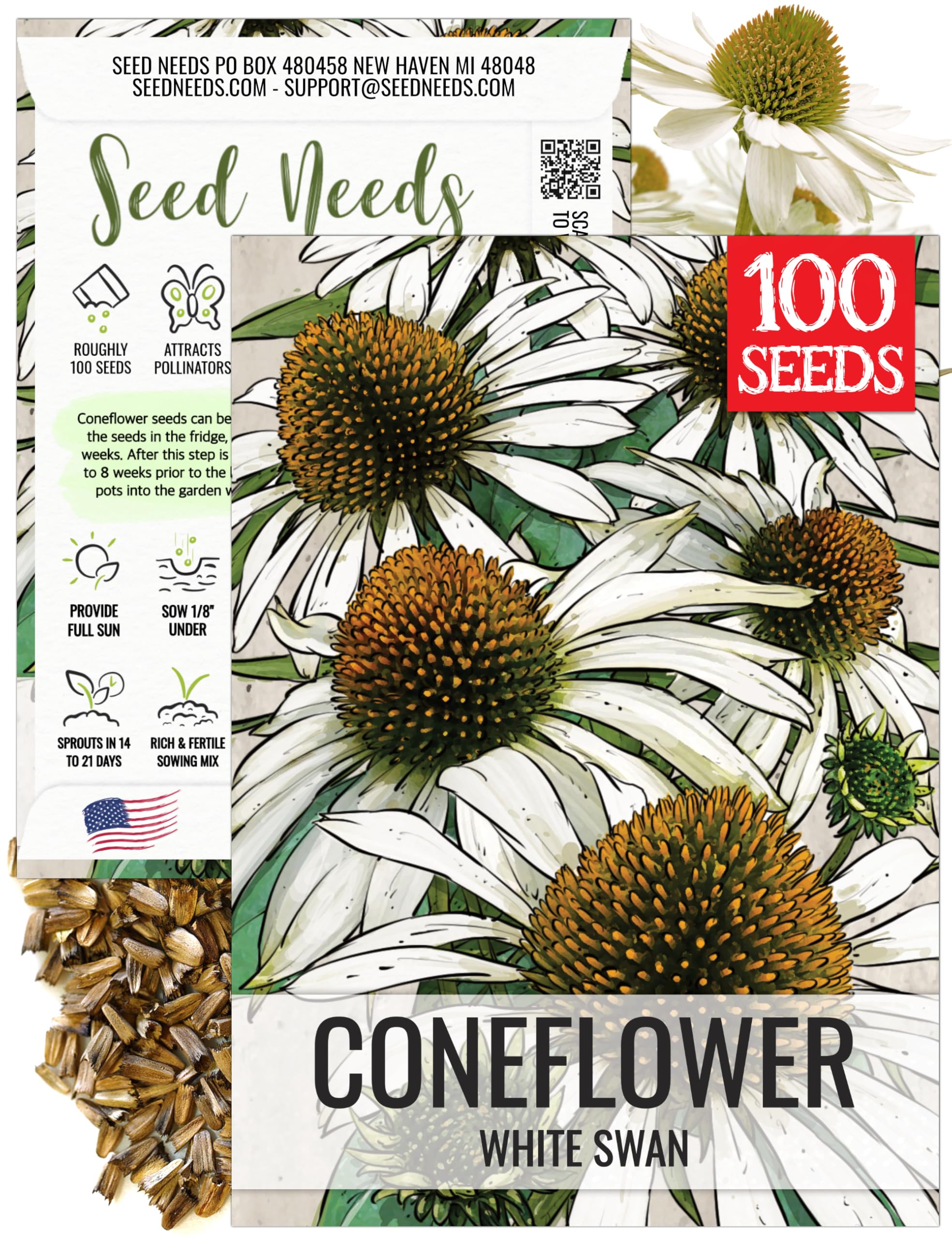 Seed Needs White Swan Coneflower seeds pack in view for pollinator-friendly gardens.