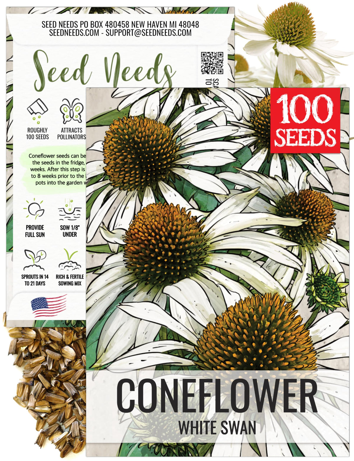 Seed Needs White Swan Coneflower seeds pack in view for pollinator-friendly gardens.