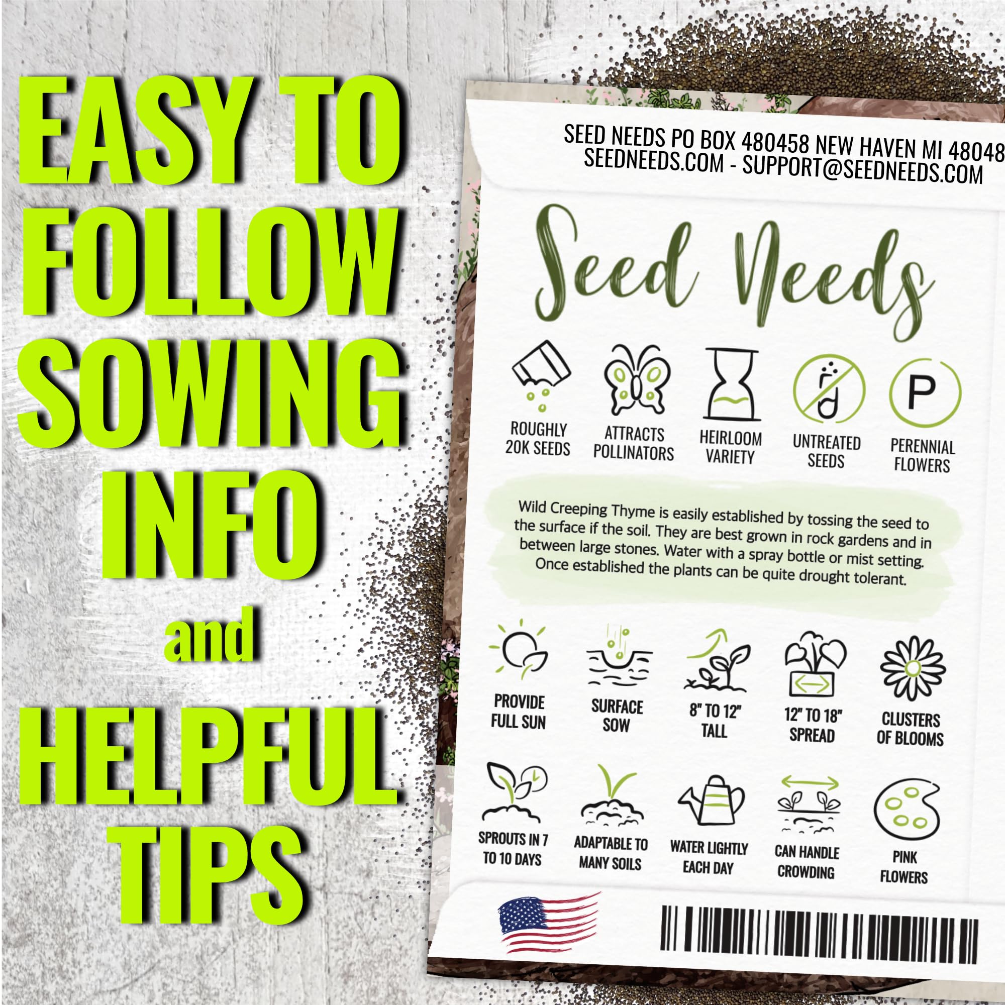Seed Needs packaging art on thyme seed packets highlights heirloom quality and easy sowing.