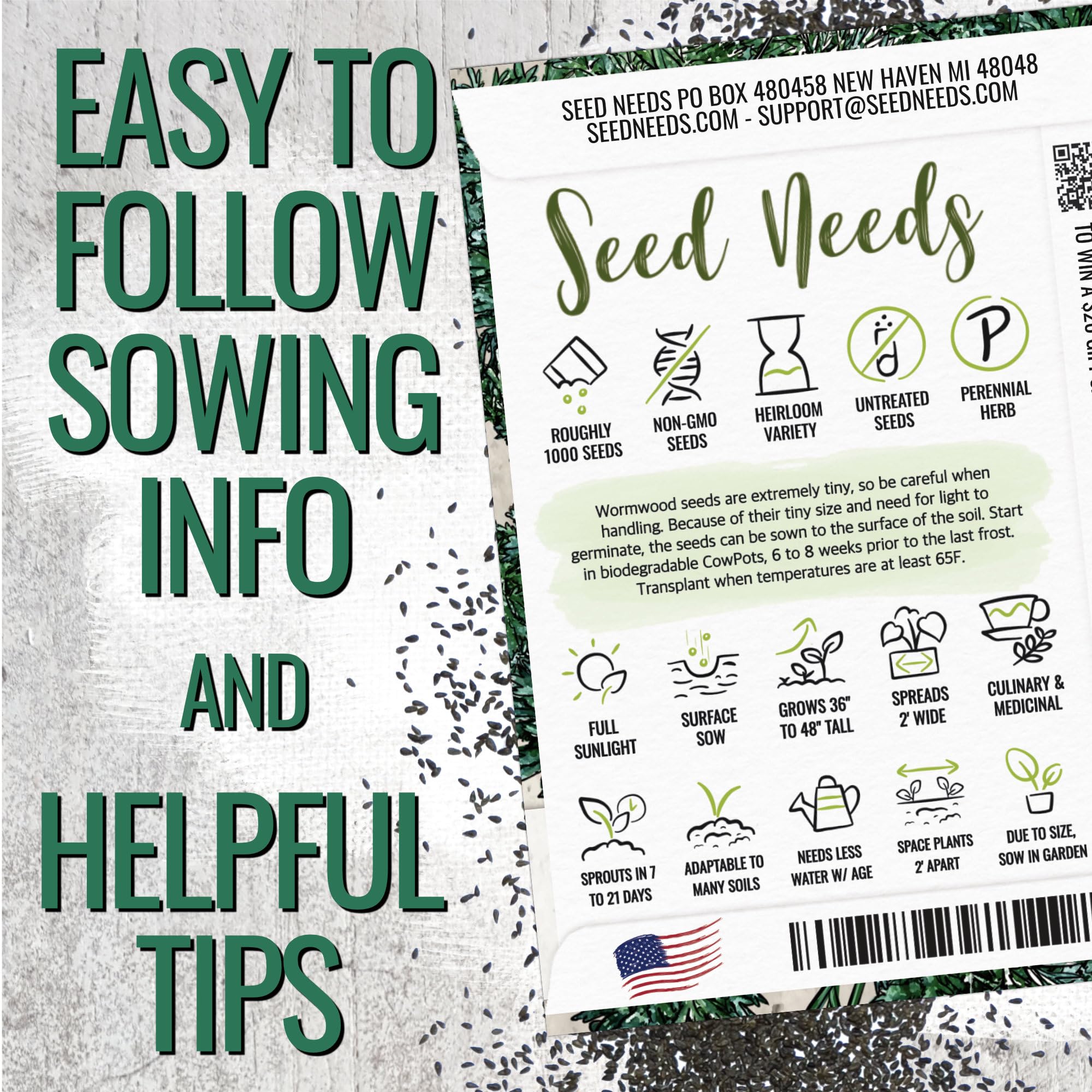 Seed Needs Wormwood seeds germination close-up on packet labels.
