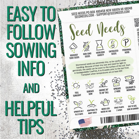 Seed Needs Wormwood seeds germination close-up on packet labels.