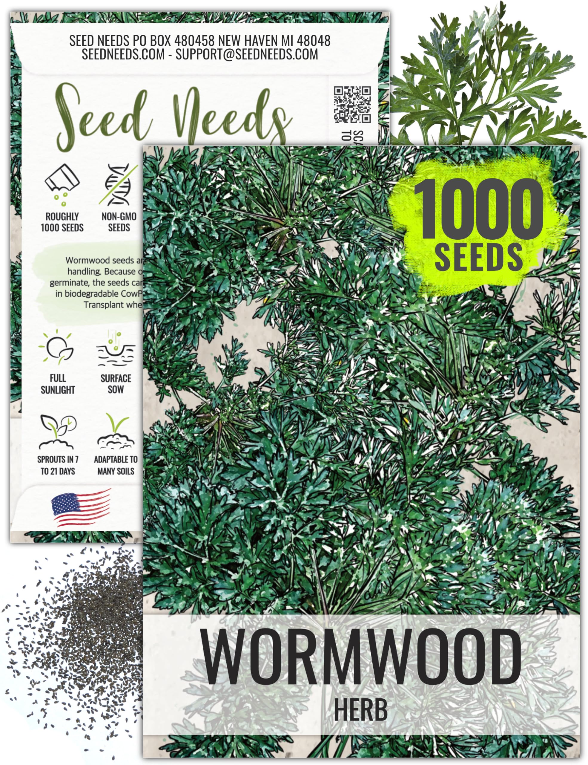 Seed Needs Wormwood seeds pack illustration; ideal for gardeners seeking heirloom herbs.
