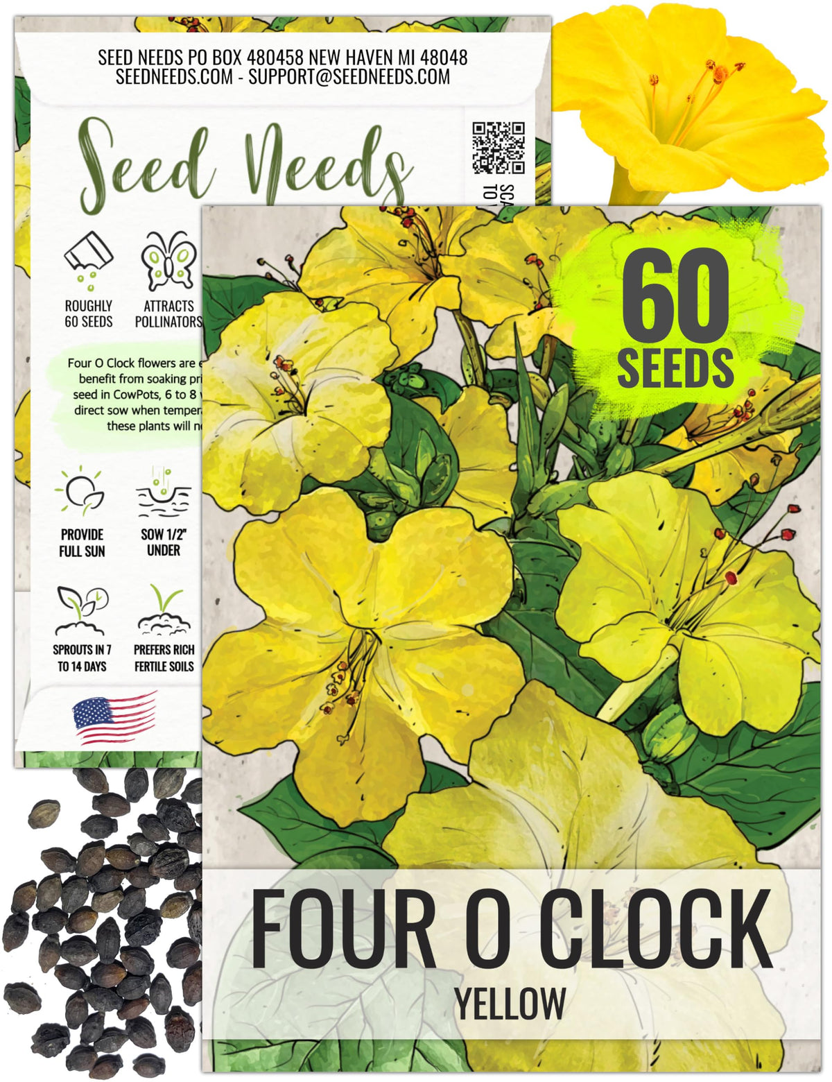 Seed Needs Yellow Four O Clock seeds packaging with sowing guide for home gardeners