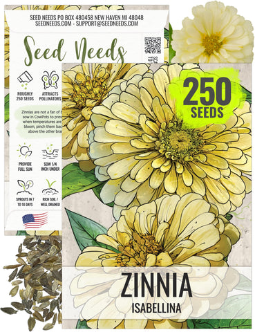 Seed Needs yellow Isabellina zinnia seeds packet showing open-pollinated potential for vibrant gardens.