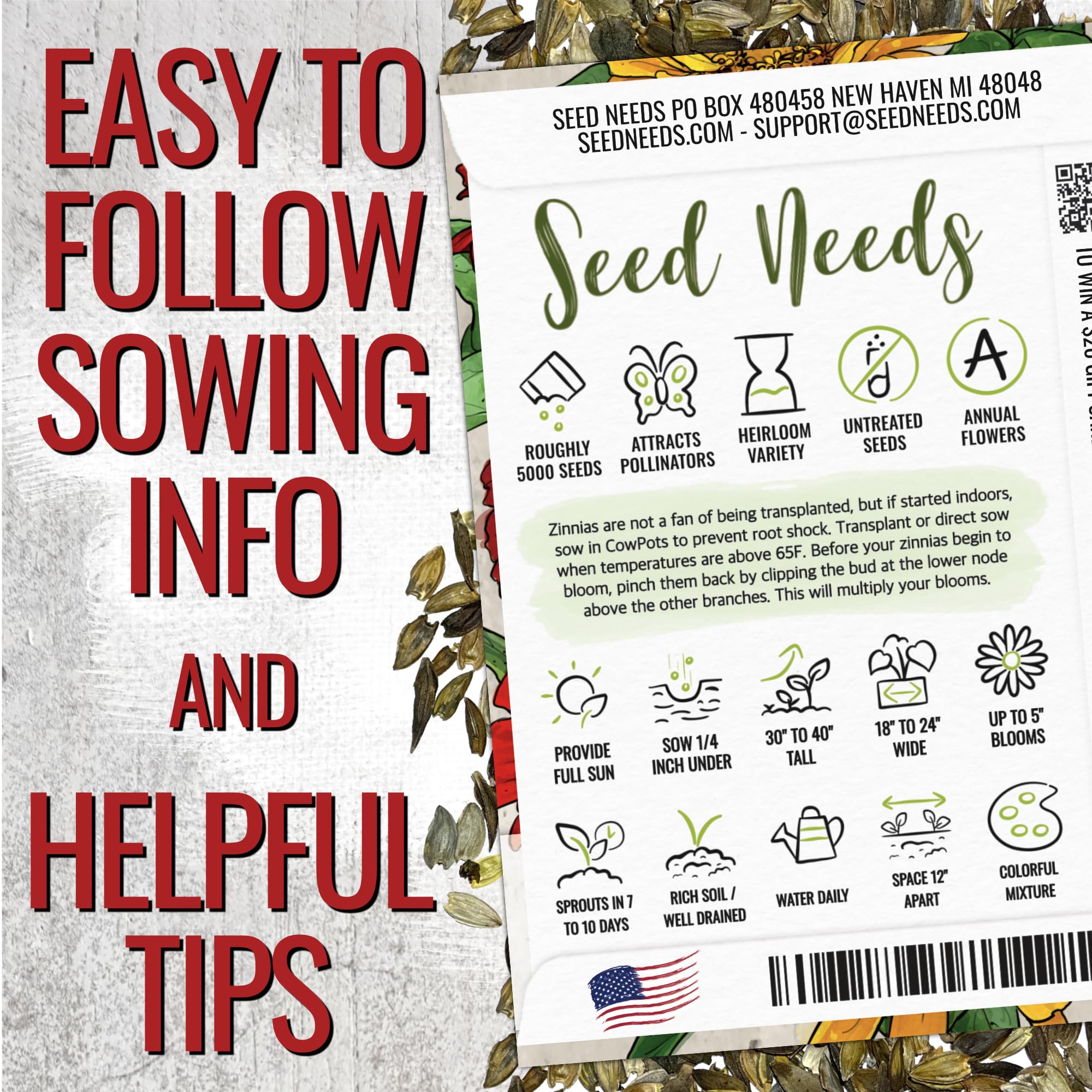 Seed Needs zinnia open-pollinated pack shot for versatile planning