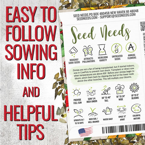 Seed Needs zinnia open-pollinated pack shot for versatile planning