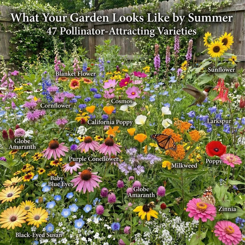 Seedboy 47-variety blend provides annual and perennial color.