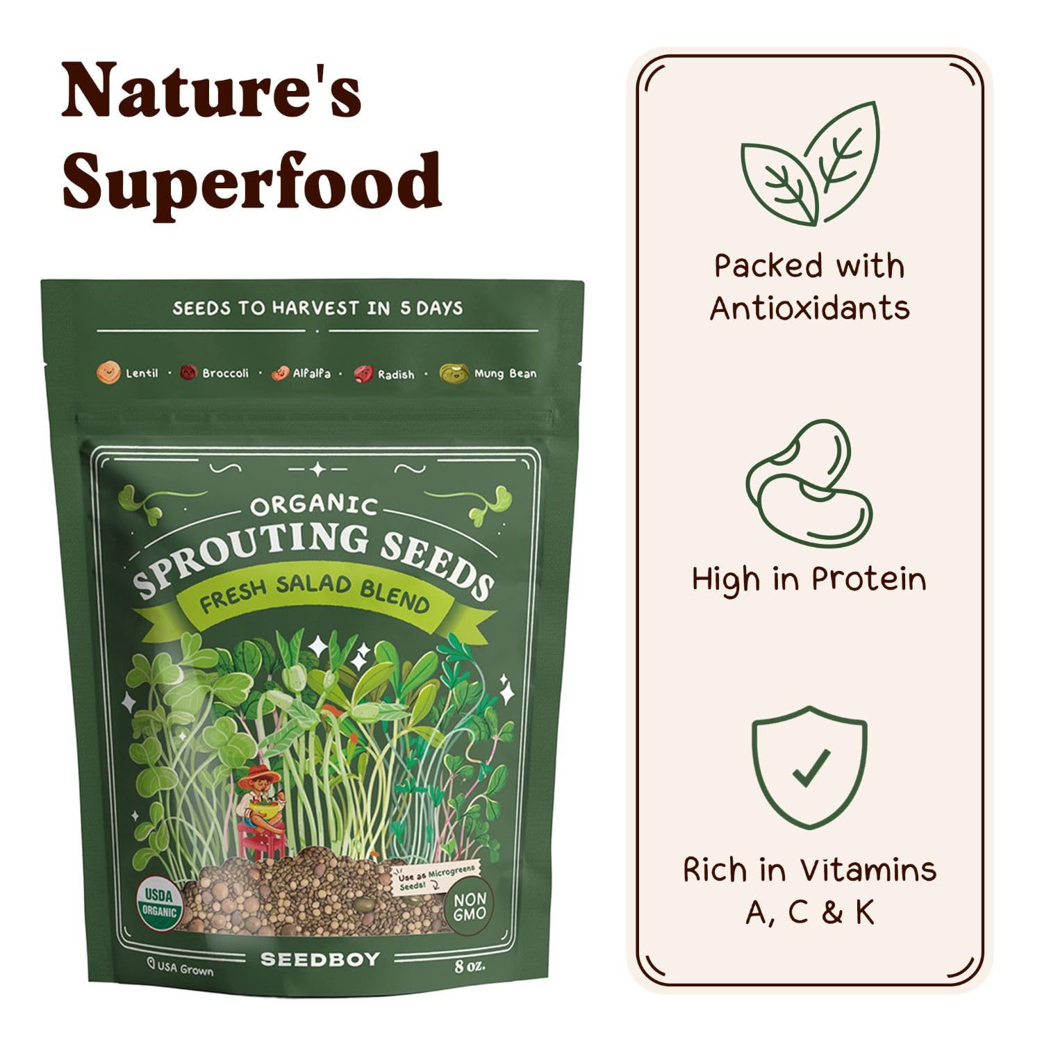 Seedboy alfalfa, broccoli, radish sprouts offer colorful, nutrient-dense harvests.