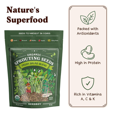 Seedboy alfalfa, broccoli, radish sprouts offer colorful, nutrient-dense harvests.