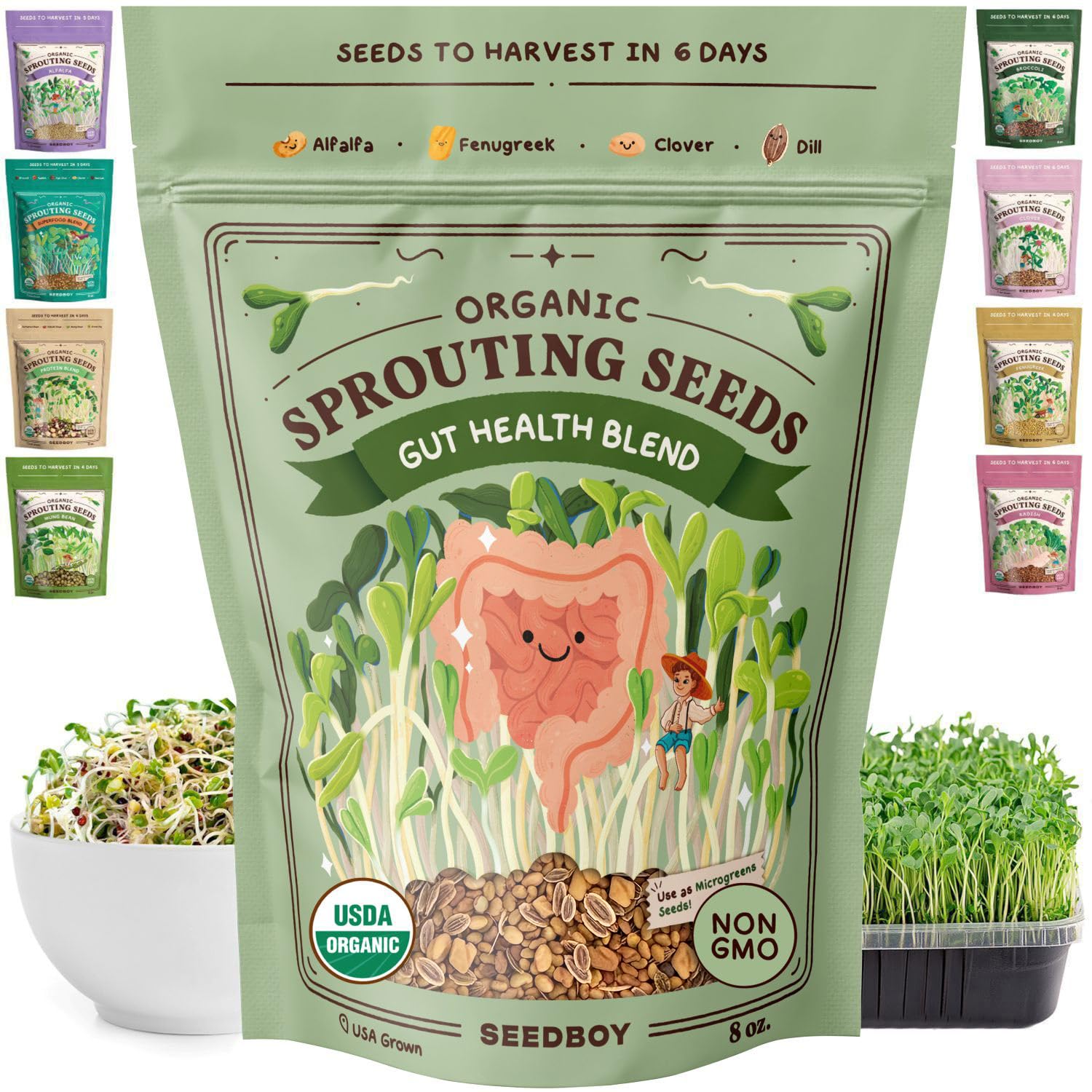 Seedboy Gut Health Blend bag shown, convenient organic sprouts starter for quick, healthy meals.