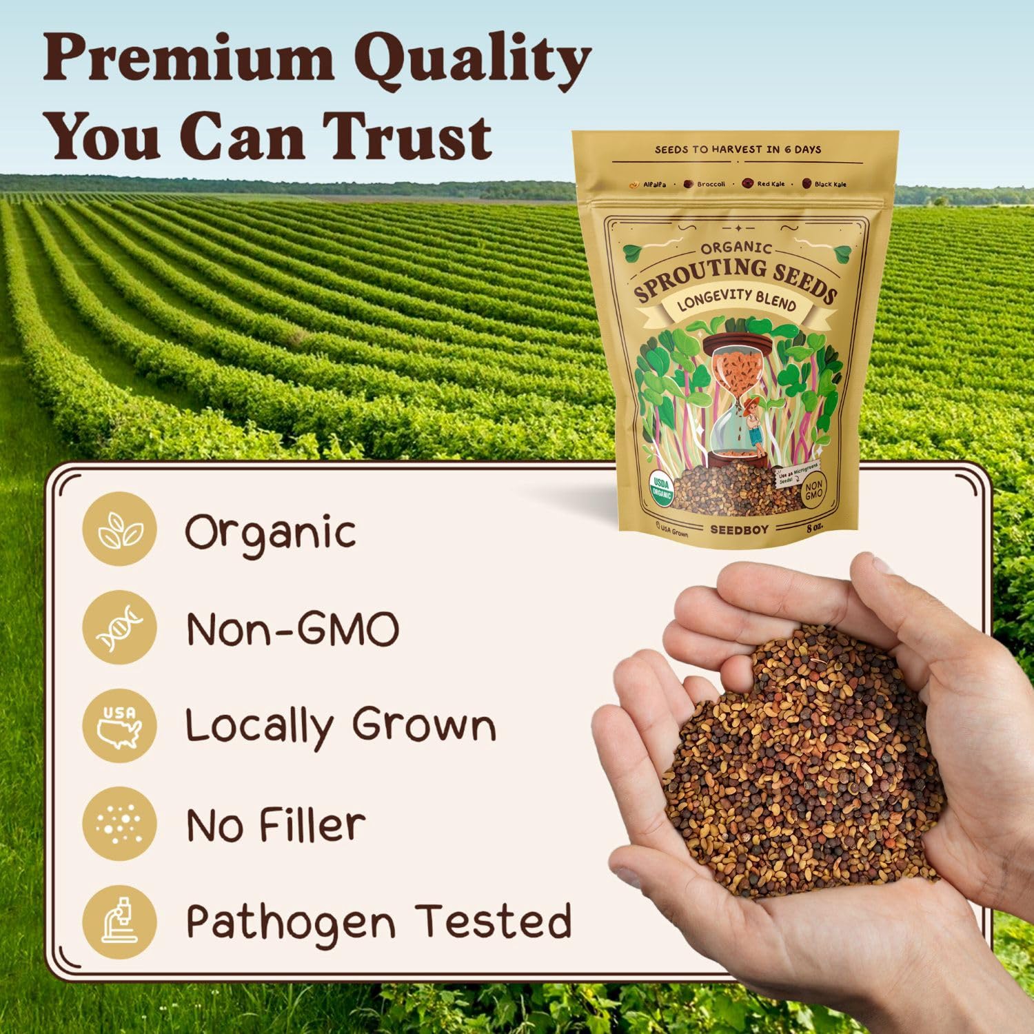Beginner-friendly instructions let anyone start sprouting with Seedboy Longevity Blend.
