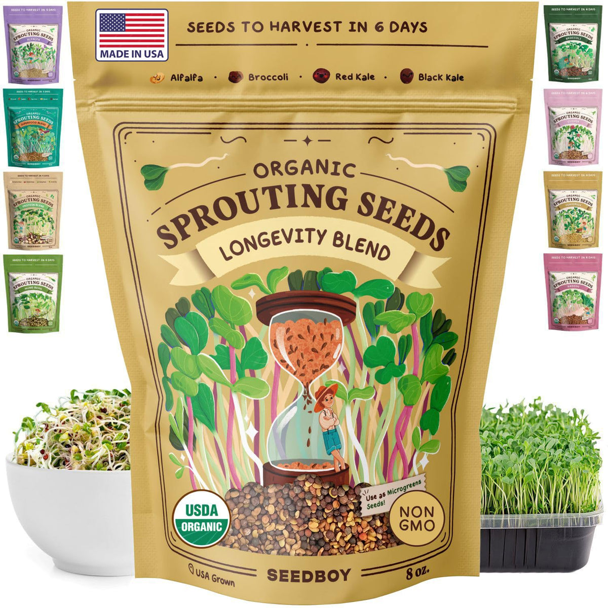Seedboy Longevity Blend seeds in a compact 8 oz bag for quick, nutrient-rich sprouts.
