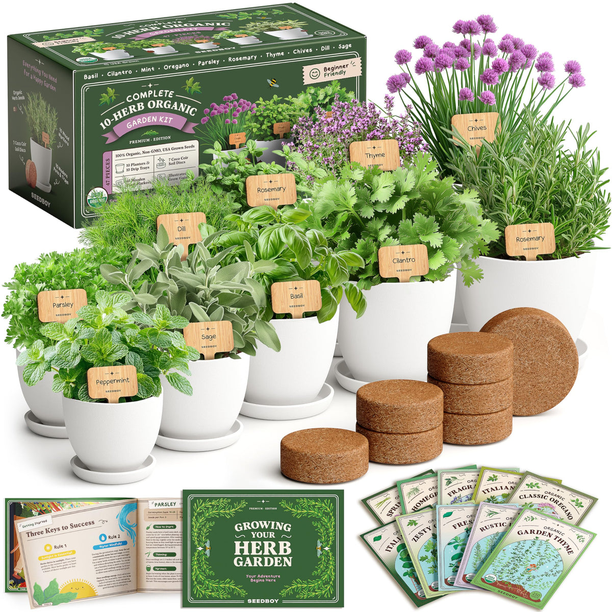 Seedboy Organic 10-Herb Kit with pots and trays for easy indoor gardening