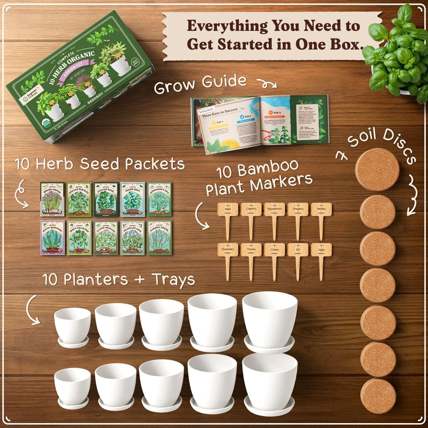 Seedboy Organic 10-Herb seed varieties and markers for labeling
