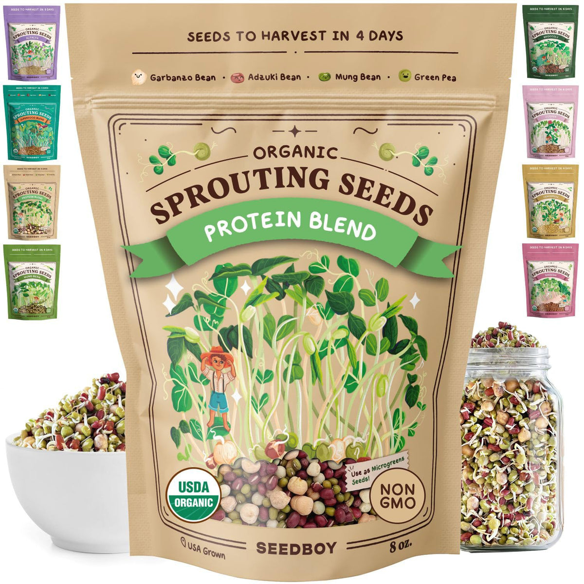 Seedboy Protein Blend sprouts in a jar, ready to add crunch to meals.