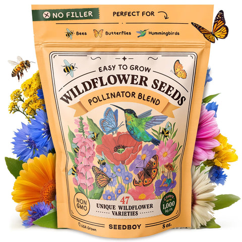 Seedboy Wildflowers 8oz pollinator mix attracts bees and butterflies with vibrant garden color.