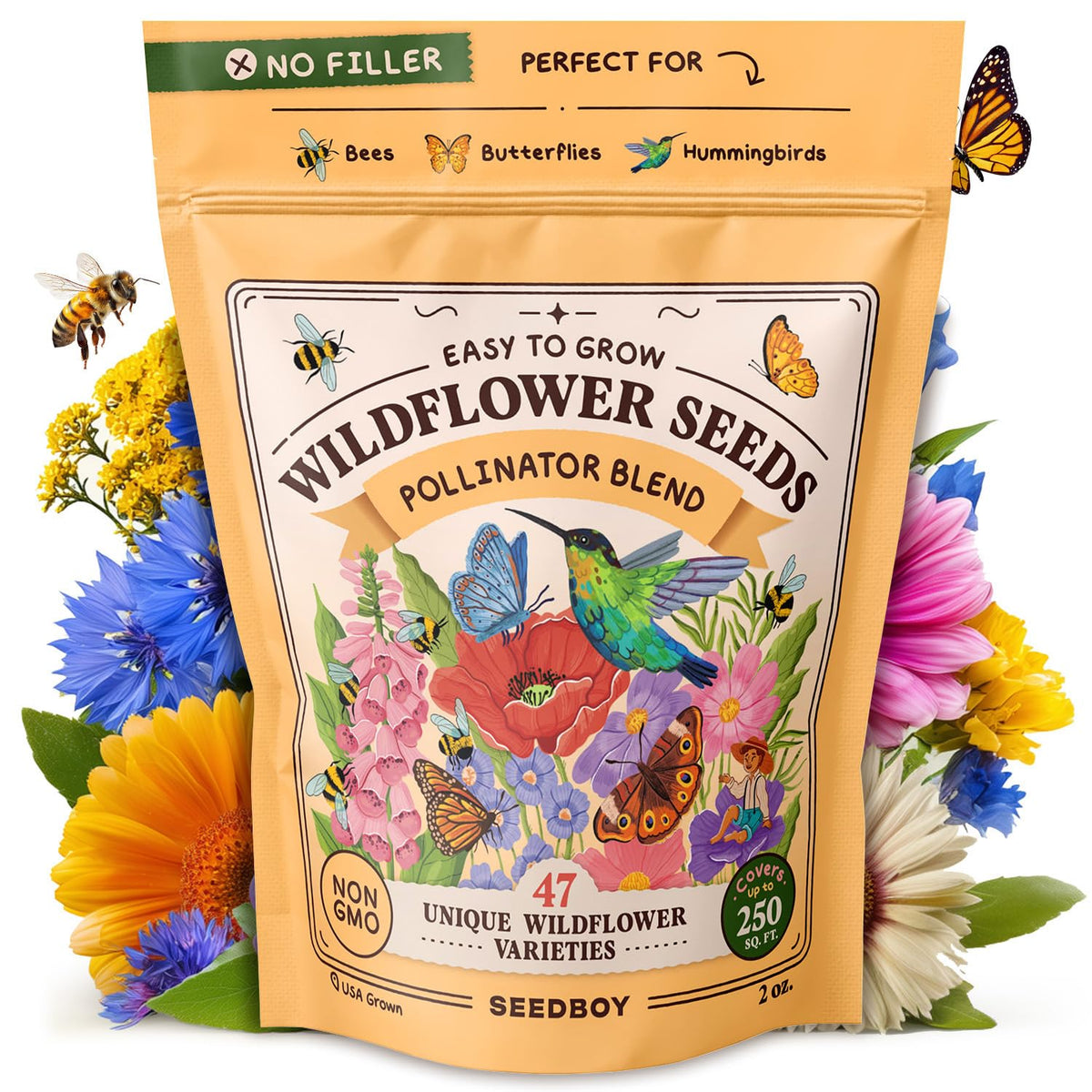 Seedboy wildflower seed mix bag offering 47 varieties for pollinator-friendly blooms.