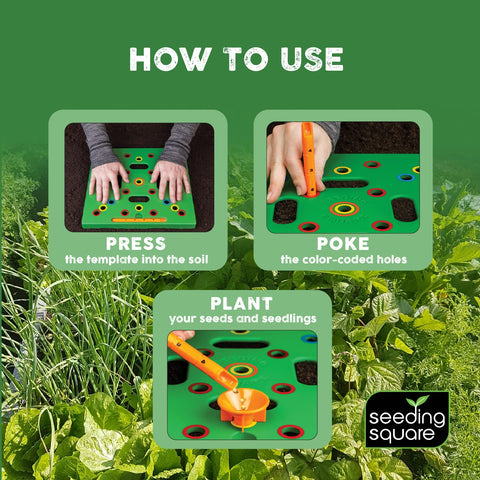 Seeding Square planting guide illustrates steps for easy setup.