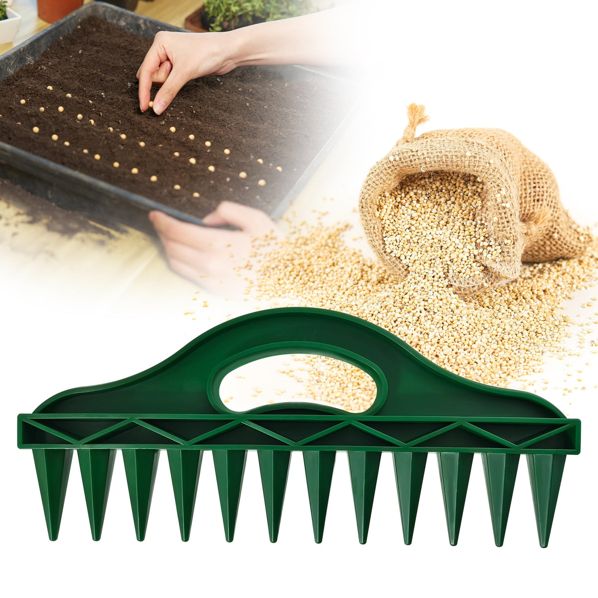 Seeding Square Row Seeder handle in hand with ergonomic grip for precise planting.