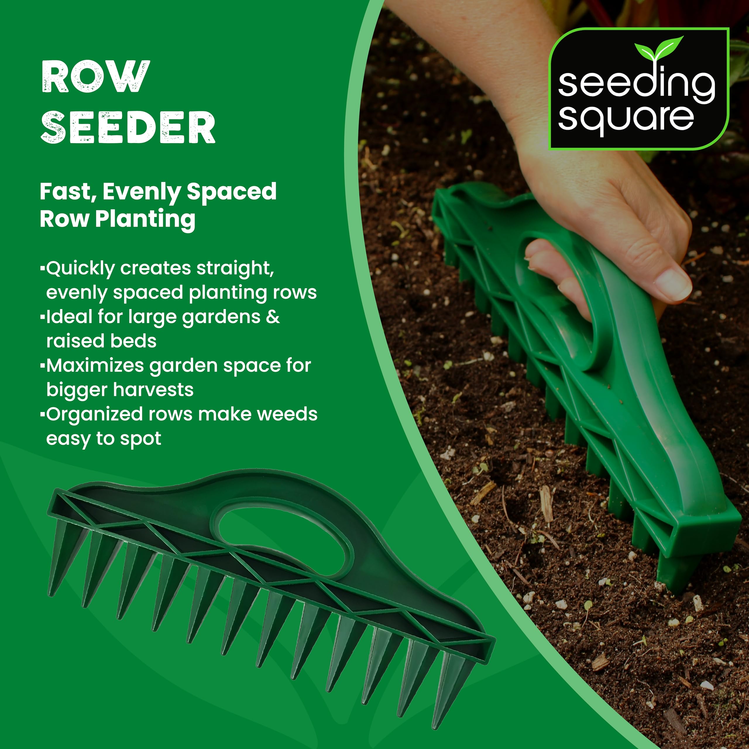 Seeding Square Row Seeder in action punching evenly spaced holes for seeds.