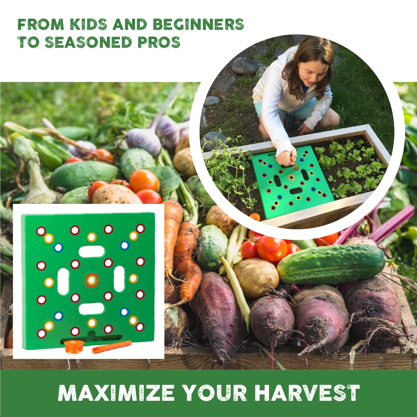 Seeding Square spacing markers guide even rows for denser crops.