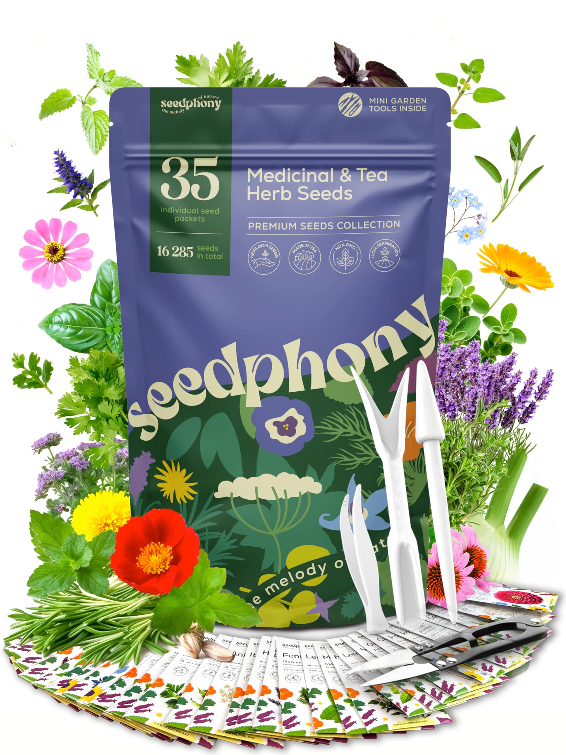 Seedphony 35 medicinal herb seeds pack ready for indoor or outdoor planting.