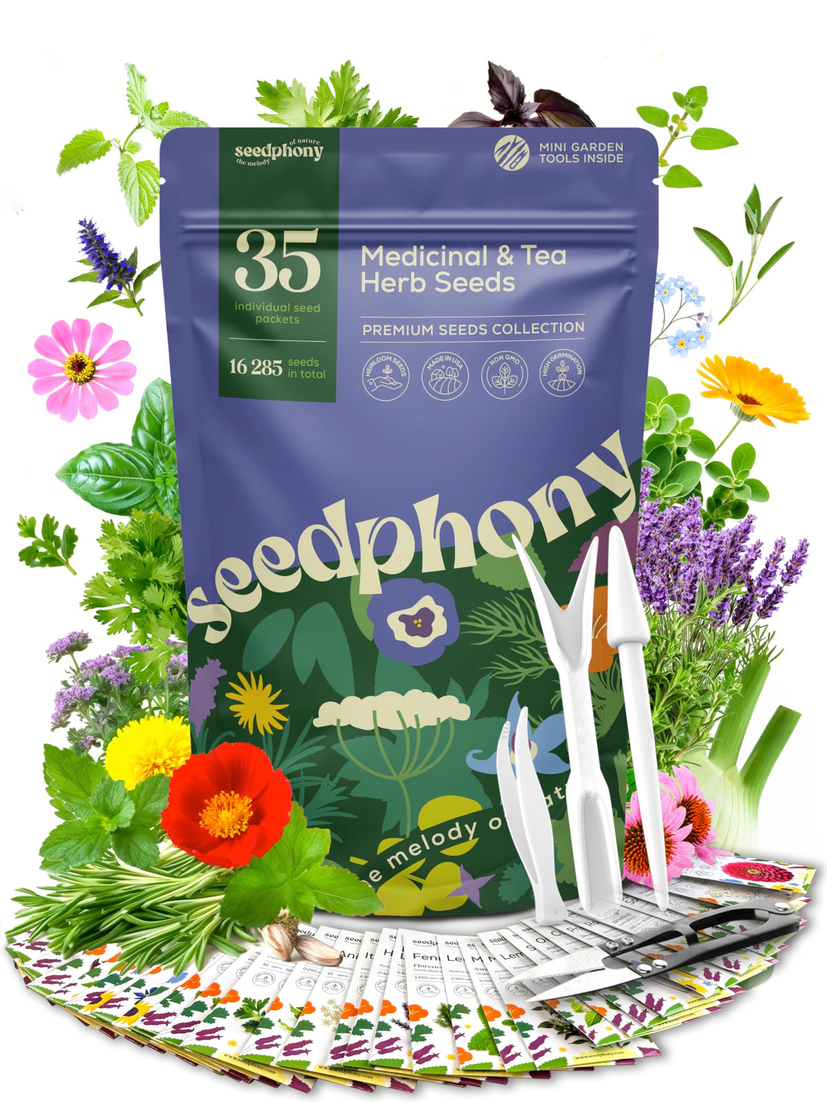 Seedphony 35 medicinal herb seeds pack ready for indoor or outdoor planting.