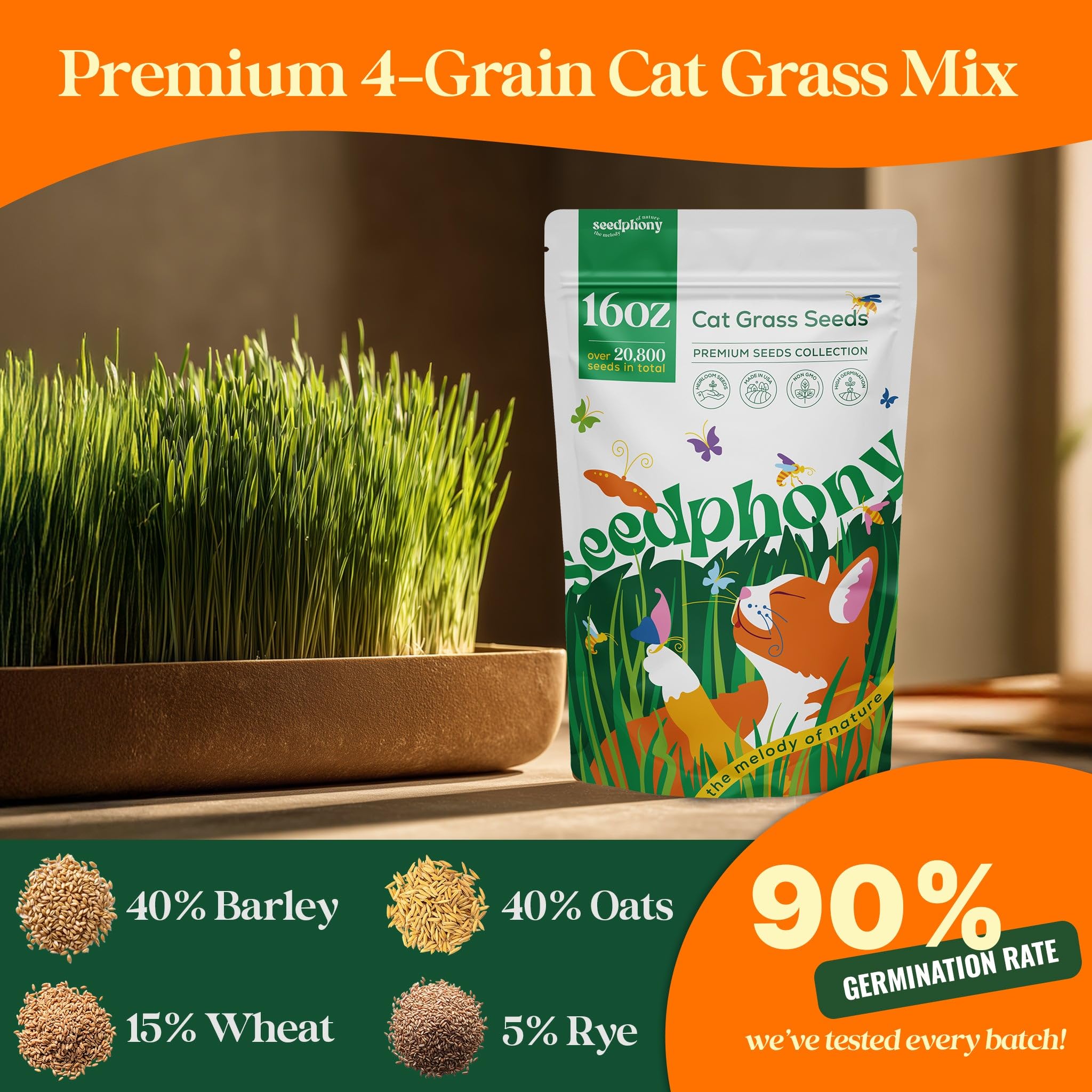 Seedphony cat grass seed mix includes barley, oat, rye, and wheatgrass ingredients