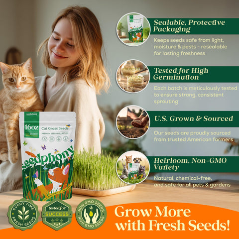 Seedphony Cat Grass Seed Mix packaging with QR code to growing guide