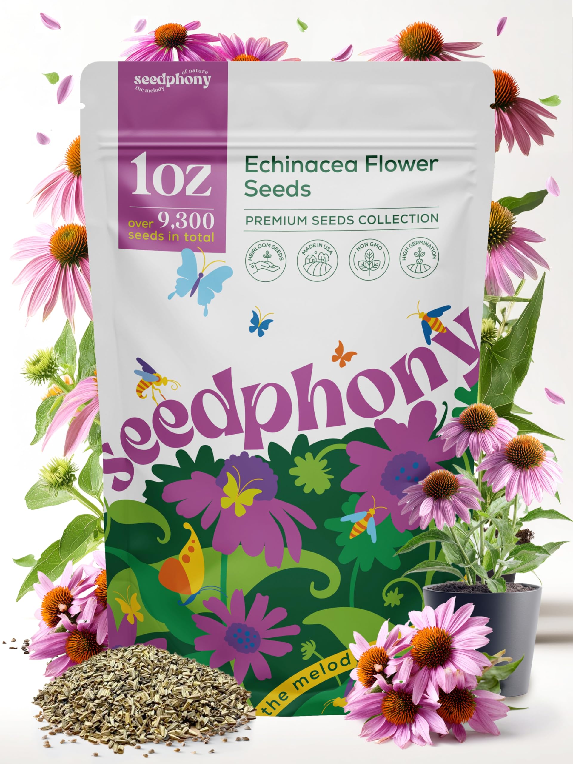 Seedphony Echinacea seed pack 1oz with approx 9,300 seeds for vibrant pollinator gardens.