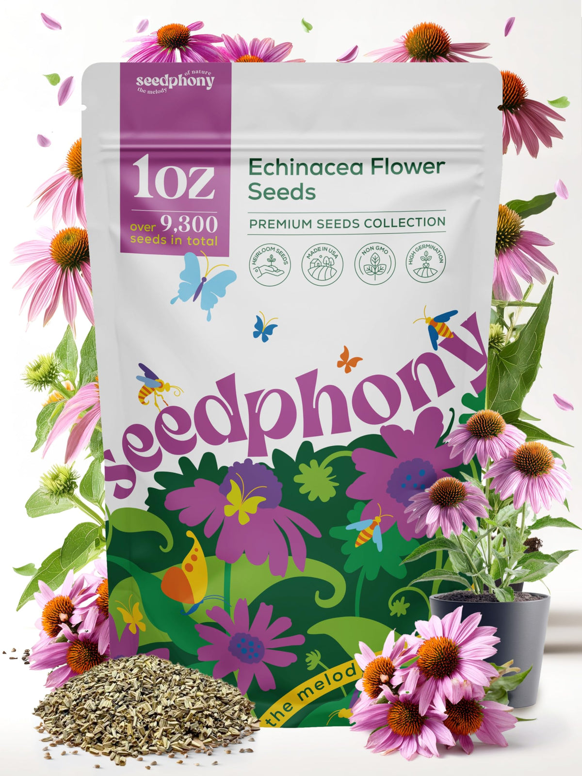 Seedphony Echinacea seed pack 1oz with approx 9,300 seeds for vibrant pollinator gardens.