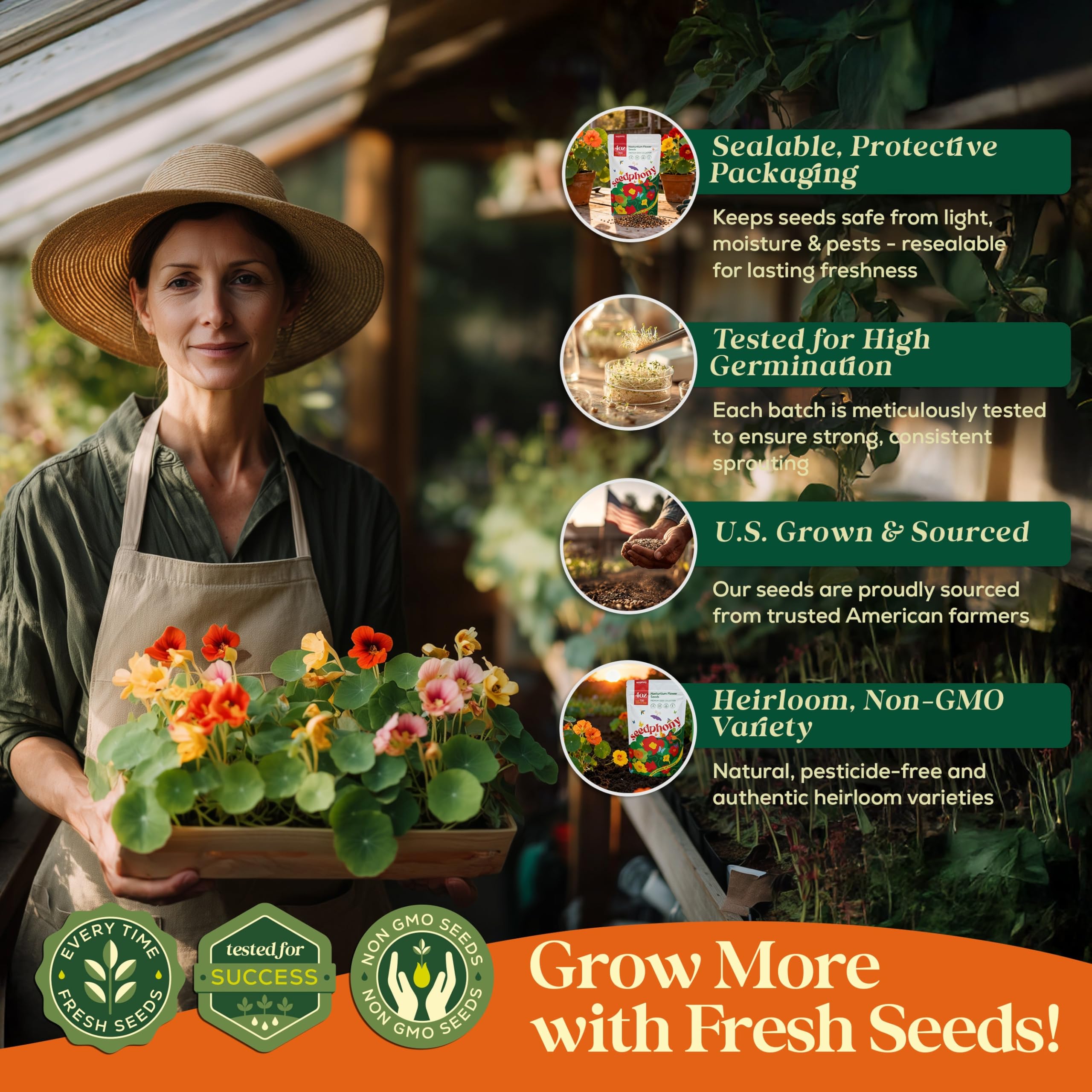 Seedphony Nasturtium seeds in USA packaging supporting reliable viability