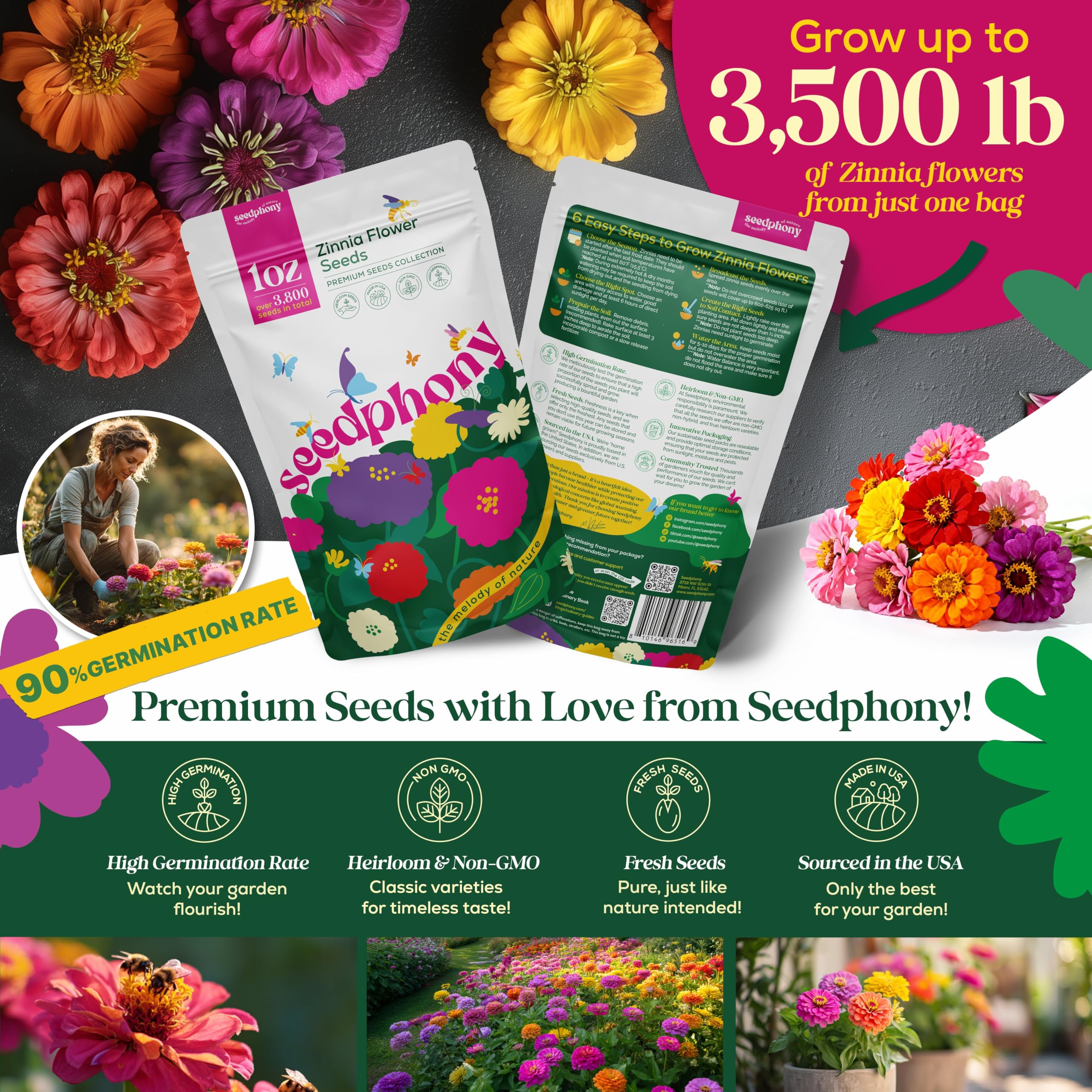 Seedphony Zinnia seeds with high germination rate for reliable blooms