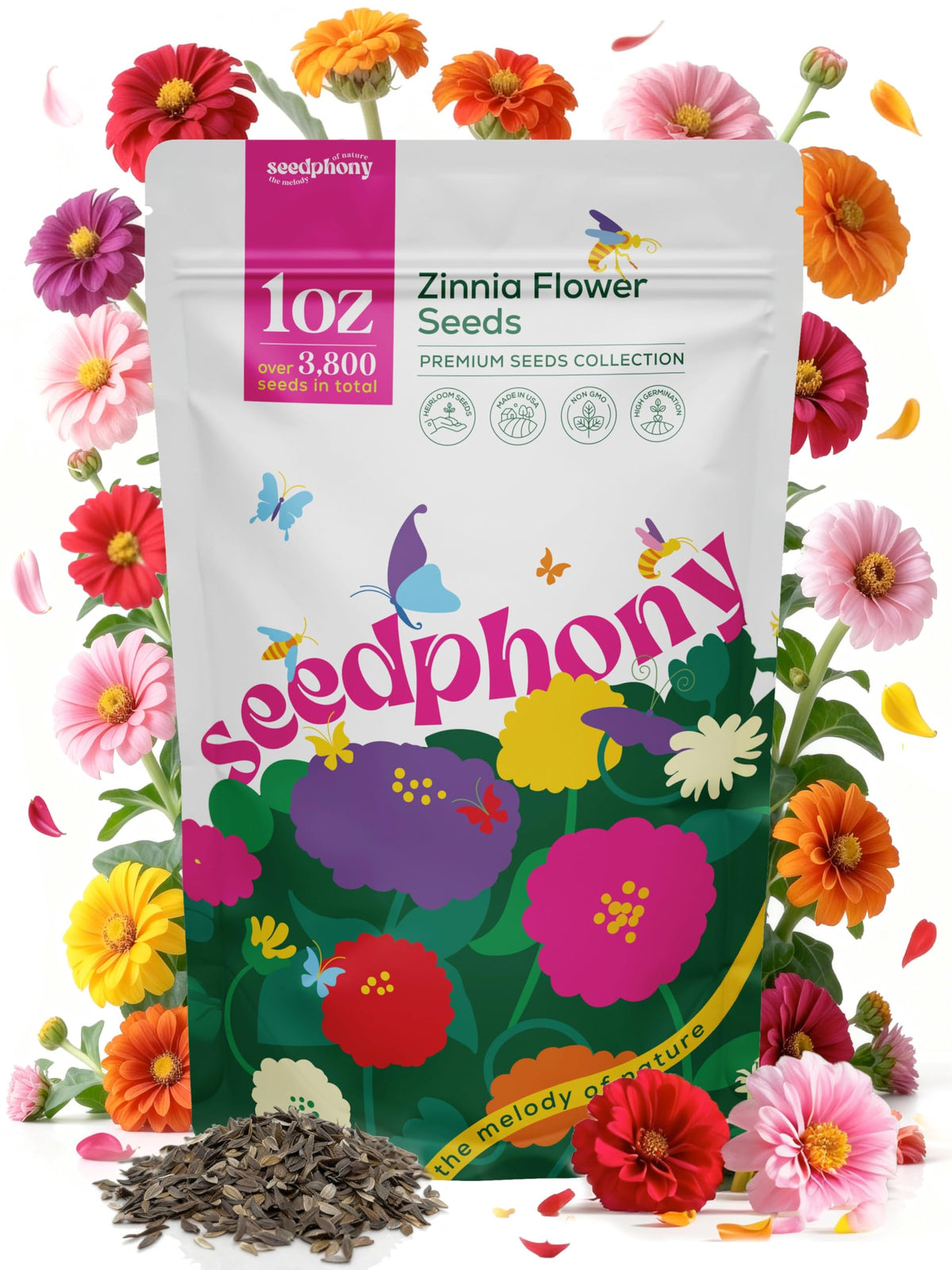 Seedphony Zinnia seeds pack in a waterproof resealable pouch for fresh viability