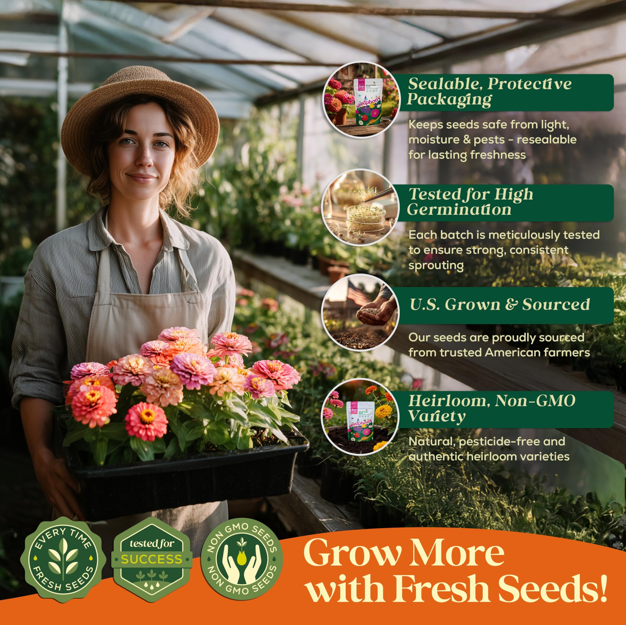 Seedphony Zinnia seeds packaged in USA facility in Florida