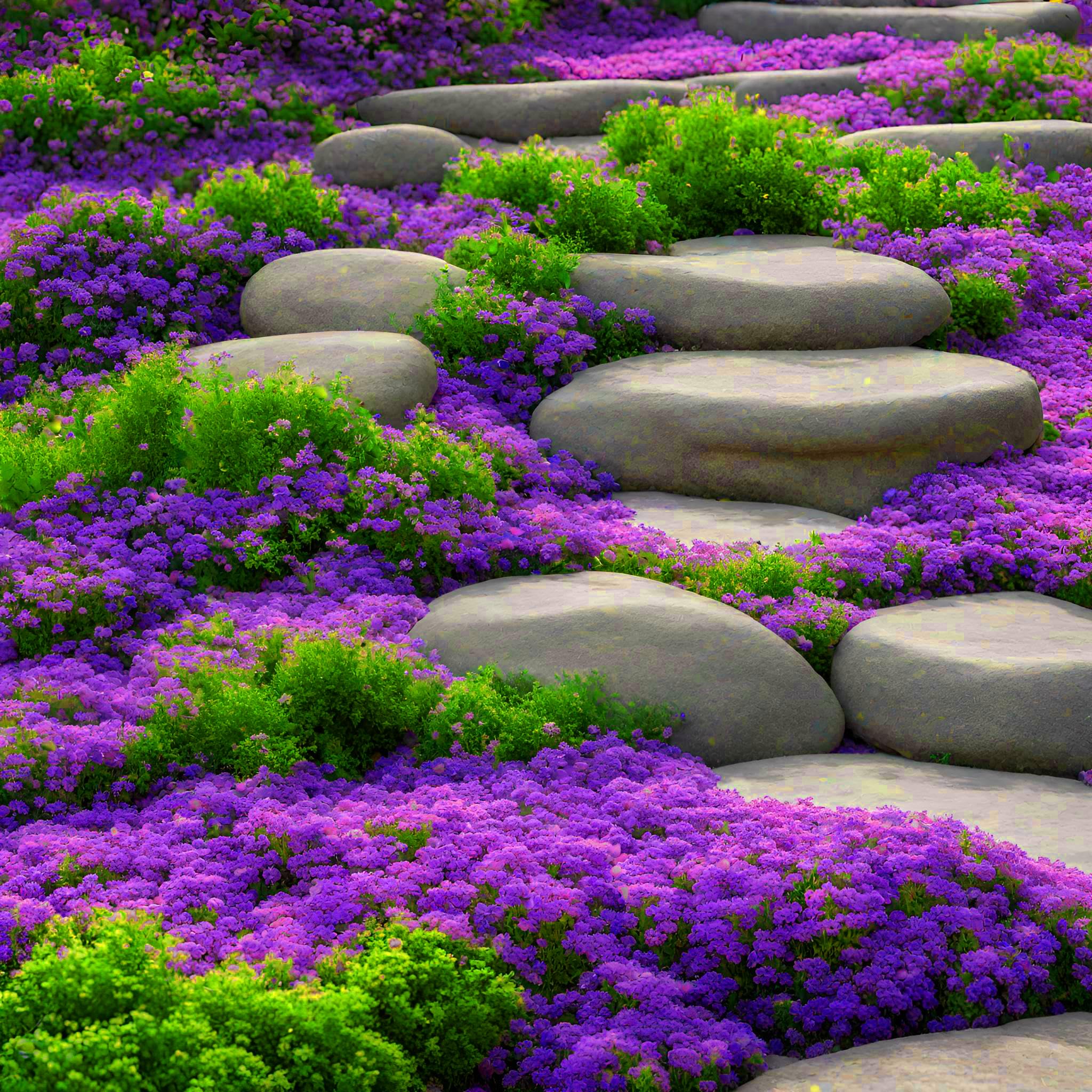 Seeds Of Strength creeping thyme ground cover forms a lush mat for pathways.