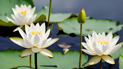 Seeds Of Strength miniature water lilies sprouting in a container, adding color to ponds.