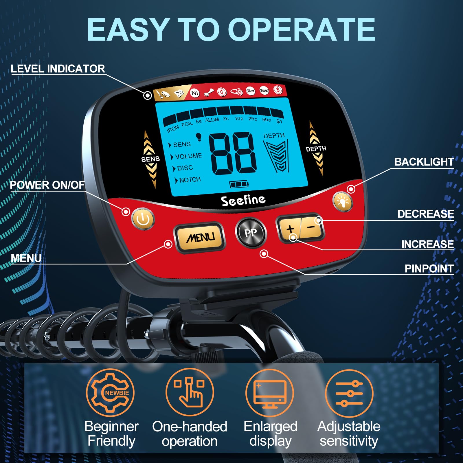Seefine metal detector offers adjustable volume, sensitivity, and height for flexible use