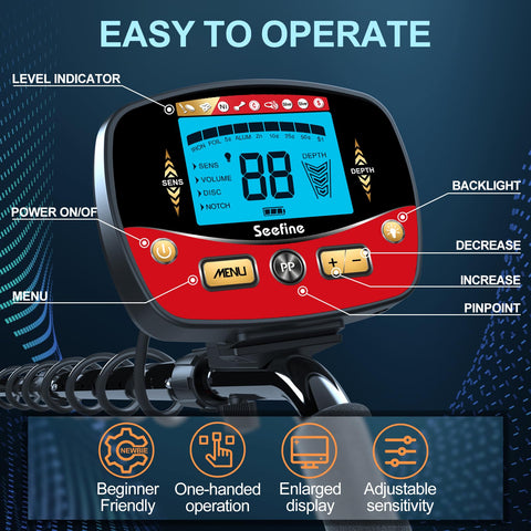Seefine metal detector offers adjustable volume, sensitivity, and height for flexible use