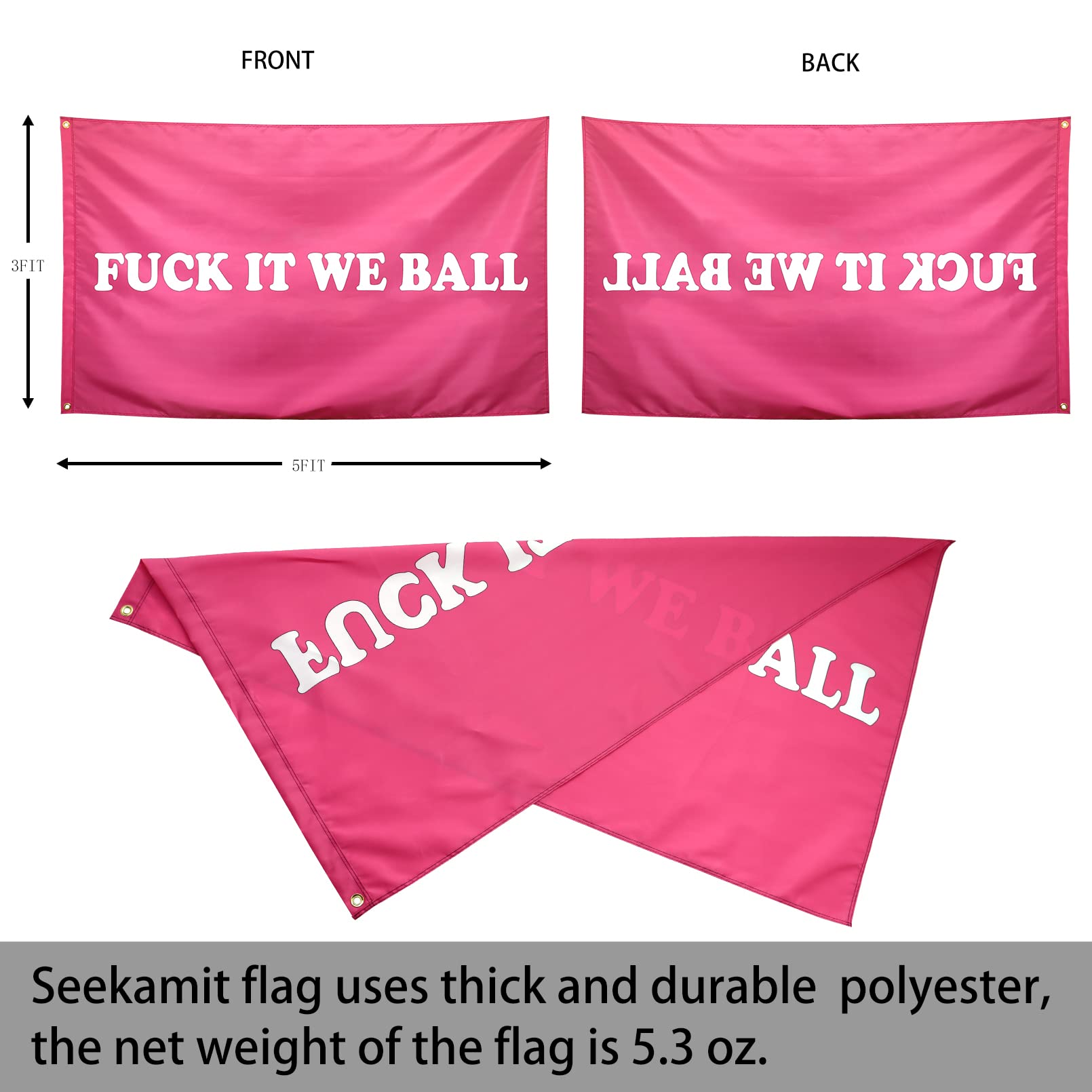 Seekamit pink flag back view with mirrored text for extra room vibe.