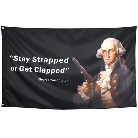 Seekamit Stay Strapped flag front view adds bold dorm decor and meme appeal
