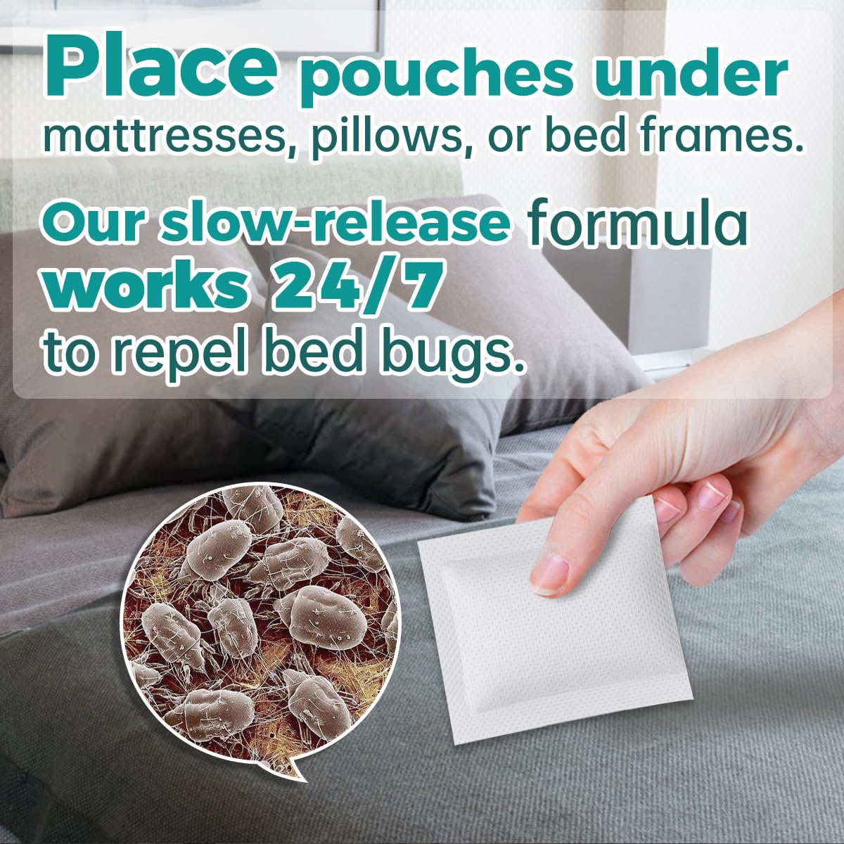 SEEKDIT compact pouch fits behind a headboard for discreet bed bug defense.